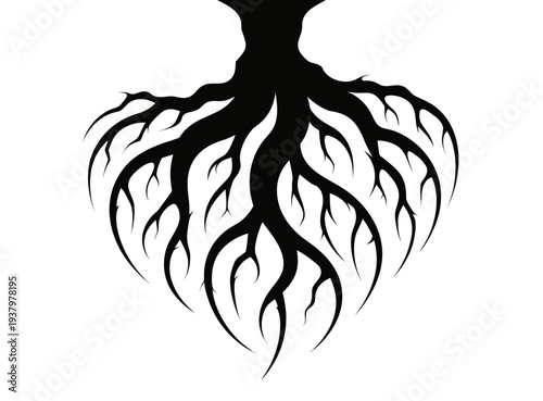 Tree Roots Silhouette Vector, Detailed Underground Root System Silhouette Illustration