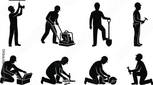 Set of construction worker silhouettes performing various tasks such as drilling compacting soil digging hammering repairing equipment and using power tools for industrial projects