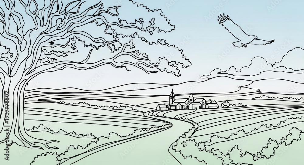 Obraz premium Stylized Landscape Featuring a Large Tree, a Winding Road, and a Distant Village Under a Pastel Sky