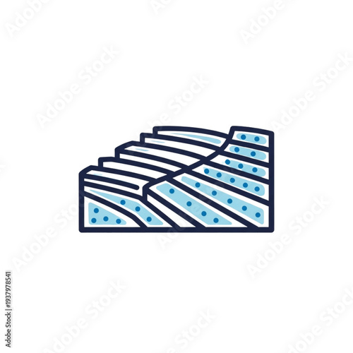 A stylized illustration of a stadium or arena with tiered seating and a modern design.