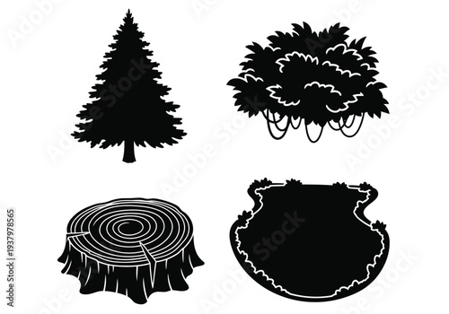 Forestry and jungle nature elements glyph icons including evergreen tree, bush and stump