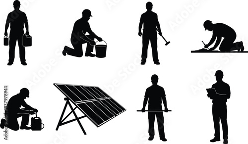 Silhouettes of professional solar panel installers, engineers and construction workers performing maintenance, inspection, and renewable energy equipment installation in various working poses on white