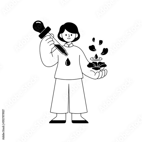 Minimalist line art illustration of floral infusion or organic linework drawing of flower essence