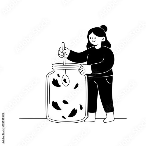 Minimalist line art illustration of jam making or Organic food preparation line drawing illustration