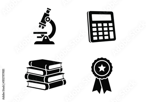 Scientific research and academic success icons with microscope calculator books and award seal