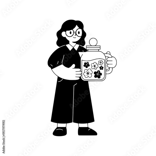 Woman holding floral jar Illustration element or Vector line art of a botanist mixologist with floral design