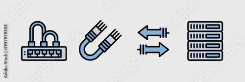 Ethernet and fiber optic networking icons – Suitable for system administrator tools, networking hardware catalogs, or data transfer guides.
