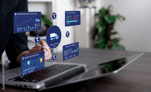 Smart logistics concept with global shipment hub, transportation analytics dashboard and route optimization interface showing supply chain monitoring and delivery management.