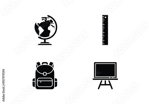 Set of 4 education icons, globe, ruler, backpack, and blackboard with easel