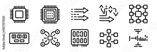 Parallel processing and data throughput icons – Ideal for computer science education, server architecture news, or tech blogs.