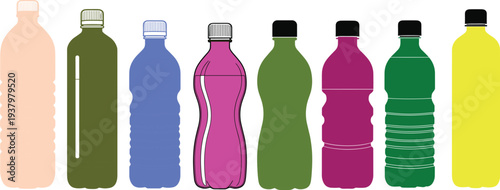 Set of eight colorful plastic water bottle icons with various shapes and cap styles isolated on white background for recycling beverage and packaging design (25 words)