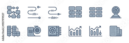 Supercomputer architecture and HPC cluster icons – Suitable for exascale computing news, scientific research, or server hardware.