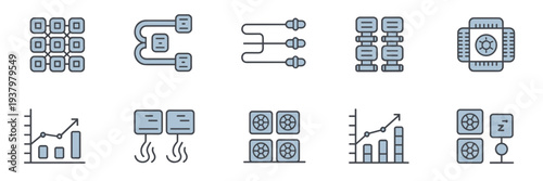 HPC node cluster and fiber optic cable icons – Great for technical infrastructure blogs, supercomputing news, or data center tech.