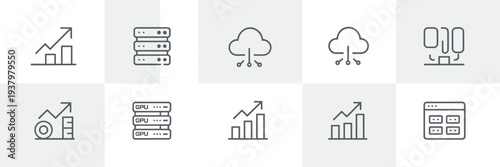Compute scaling startup and growth icons – Suitable for venture capital pitch decks, tech startup news, or cloud expansion blogs.