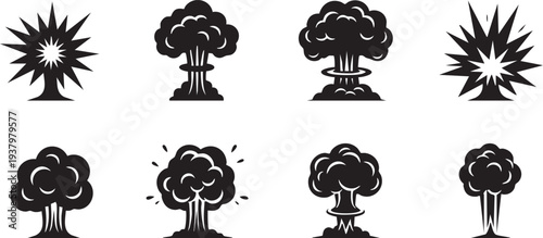 Collection of various nuclear explosion icons in black and white
