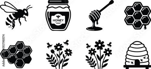 Black and white minimalist icons of bee flying honey jar dripping honeycombs with flowers and traditional beehive silhouette set in vector art style isolated on white background