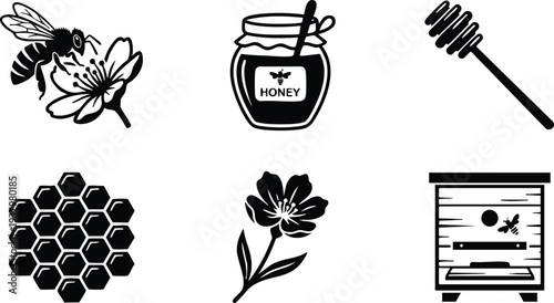 Black silhouette icons of honey bee on flower honey jar with dipper hexagonal honeycomb flower blossom and wooden beehive vector set
