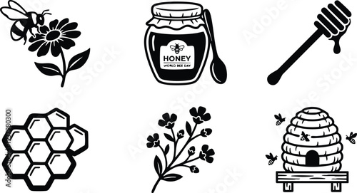 Black and white vector icons set of honey jar with spoon honey dipper dripping honeybee on flower honeycomb branch with flowers beehive with flying bees minimalist design