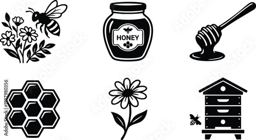 Black and white vector icons of honey jar with label honey hexagonal honeycomb flower bee flying near flowers and traditional wooden beehive with bee design