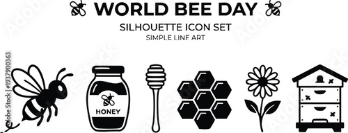 Black silhouette icon set featuring honey bee flying honey jar honey dipper honeycomb flower and beehive for world bee day simple line art vector design