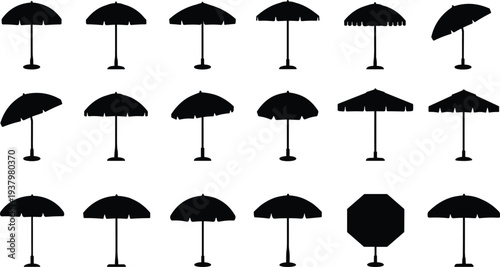 Beach Umbrella Silhouettes Set Featuring Various Parasol Shapes and Angles for Summer Vacation Design Projects Isolated Black Vector Elements on White Background Pack
