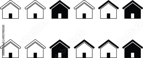 Black and White House Vector Icon Set Featuring Simple Home Outlines and Solid Silhouettes for Real Estate Website Interface Design and Residential Architecture Concepts