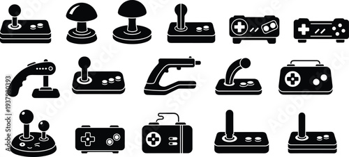 Black and White Vector Icon Set of Retro Game Controllers Joystick Gamepad and Console Hardware Silhouette Elements for Gaming App Interface Design and Digital Media