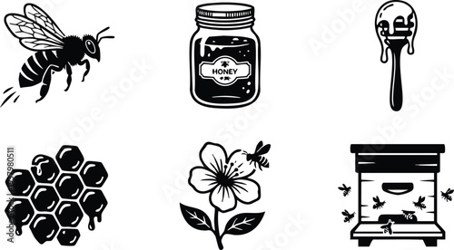Black and white vector art of honey bee flying near flower bee hive honey jar honey dipper and dripping honeycomb cells flat design icons set