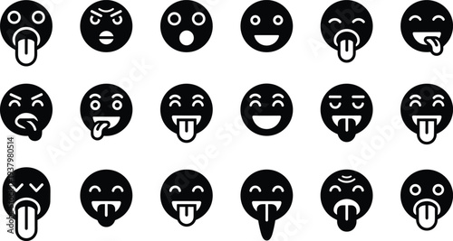 Collection of black emoji face silhouettes with various expressions sticking out their tongues for social media messaging digital communication and funny emotional reaction icons