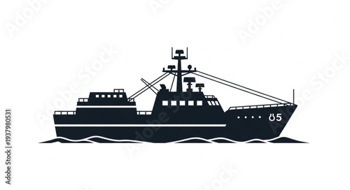 Fishing Boat Silhouette on Water.