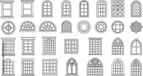 Large Vector Set of Window Line Icons Featuring Various Architectural Styles Including Arched Gothic Round and Square Frames for House Design and Building Construction Projects(25 words)