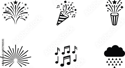 Collection of celebration icons set including fireworks party poppers with musical notes and rain cloud symbols for festive event design isolated vector illustrations