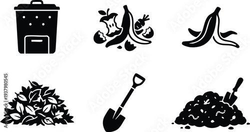 Silhouette style composting bin food waste banana peel carrot apple core leaf pile shovel turning soil with earthworms in organic gardening vector set