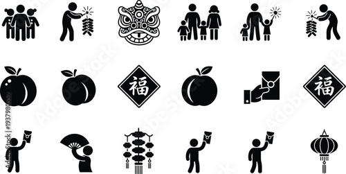 Collection of Chinese New Year icons set including lion dance red envelope firecrackers and lantern for Lunar New Year celebration isolated vector illustrations