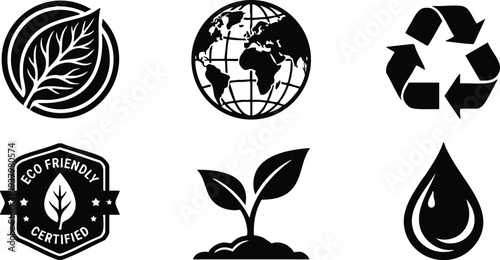 Minimalist black eco friendly icons set including leaf, globe, recycling symbol, certified badge, sprout in soil, and water drop in simple flat design style