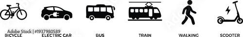 Minimalist black icons of bicycle electric car bus train walking person and electric scooter in clean row on white background transport option symbols