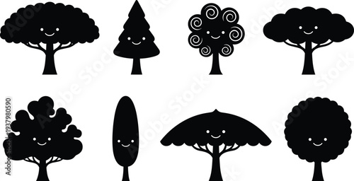 Collection of cute black tree silhouettes with happy smiling faces in various shapes including oak pine and round canopy for kids nature education design