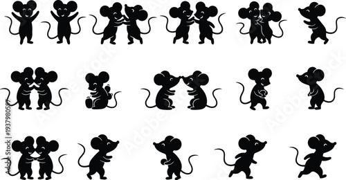 Collection of cute black mouse silhouettes featuring various poses like jumping dancing hugging and standing for children books animal mascots and nursery wall art design