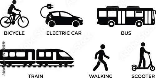 Simple black icons of bicycle electric car bus train walking person and scooter flat minimalist vector design on white background