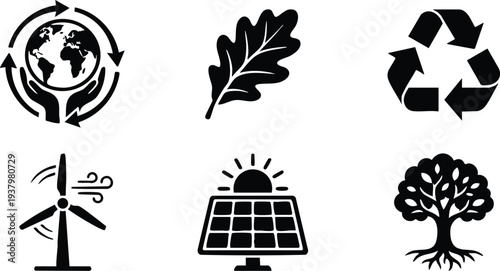 Black eco friendly icons set including hands holding globe surrounded by arrows oak leaf recycle symbol wind turbine solar panel with sun and big tree with roots vector art