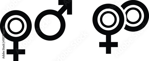Male and female gender symbols icon set isolated on white background, minimalist black sex signs representing gender identity, equality concept vector illustration