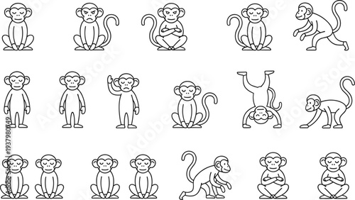 Collection of monkey line art icons featuring various poses and expressions including sitting standing walking and handstands for children books education and character design