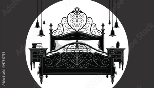 Luxury master bedroom interior vector illustration with ornate baroque furniture chandelier and vintage wrought iron bed in black and white elegant room sketch