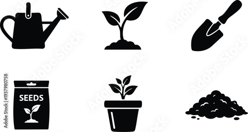 Black silhouette flat design gardening tools watering can plant sprout seed packet potted seedling soil mound simple vector icons set
