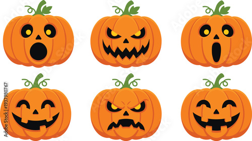 Collection of orange Halloween pumpkin jack o lantern icons with various scary and happy facial expressions for spooky holiday decorations autumn celebrations and seasonal design