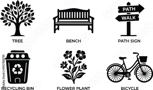 Black silhouette icons set including tree with leaves bench with armrests path sign with arrows recycling bin with symbol flower plant with five flowers bicycle with basket vector design