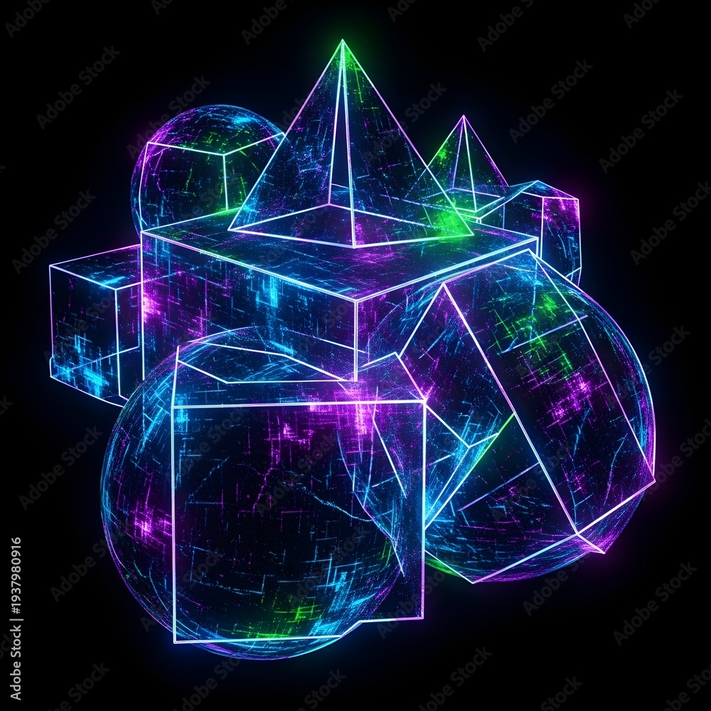 Fototapeta premium Neon Geometric Shapes on Black Background