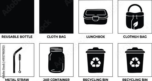 Black and white flat design icons of reusable bottle cloth bag lunchbox cloth bag metal straw jar container and recycling bin set for eco friendly lifestyle and sustainability