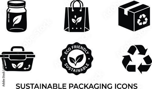 Minimalist black icons set showing sustainable packaging items with leaf symbols included eco friendly design in flat style on white background for environmental use