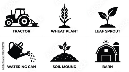Simple black vector icons set showing tractor plowing field wheat plant growing leaf sprout watering can soil mound and barn silhouette farm equipment design
